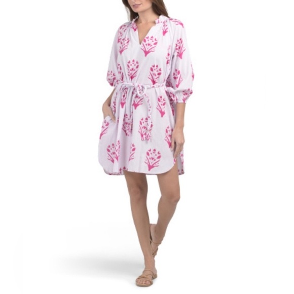 Caryn Lawn Pippi Mini Dress White Pink Print Belted Puff Sleeve OS One - Picture 1 of 5